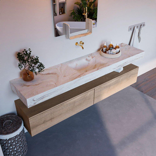 Mondiaz ALAN-DLUX Ensemble de meuble - 200cm - meuble Washed Oak mat - 2 tiroirs - Lavabo Cloud Frappe suspendu - vasque Centre - 0 trous de robinet