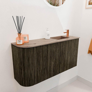 Mondiaz JOYA-DLUX Meuble de salle de bains 81.6cm - arrondi gauche couleur Shadow - Lavabo FAYE position Droite 1 trou de robinet couleur Arena.