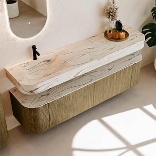 MONDIAZ THOR-DLUX 180cm meuble de salle de bains arrondi gauche + droite couleur Dusk avec 2 tiroirs et 2 portes. Vasque suspendue CLOUD gauche 1 trou de robinet couleur Nata.