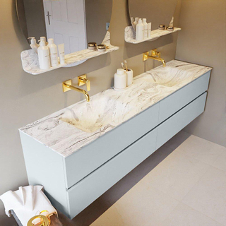 Mondiaz VICA-DLUX ensemble de meuble de salle de bain - 200cm - meuble sous-vasque argile - 4 tiroirs - lavabo encastré nuage double - sans trous de robinet - version haute de 60cm - glace