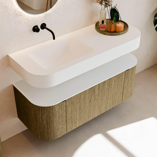 MONDIAZ THOR 120cm meuble de salle de bains arrondi gauche + droite couleur Dusk avec 1 tiroir et 2 portes. Vasque suspendue CLOUD Gauche sans trou de robinet couleur Talc.