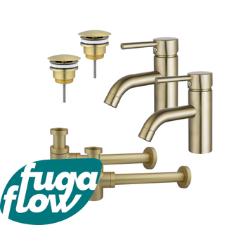 FugaFlow Eccelente Sobrado Badkamer Wastafelkraanset - voor dubbele wastafel - lage wastafelkraan - always open plug - verlaagde design sifon - PVD Geborsteld Messing