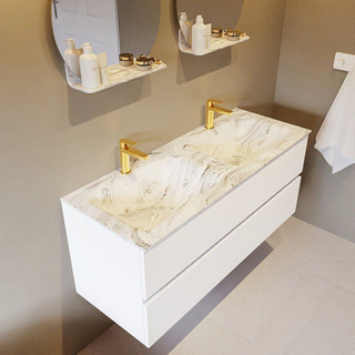 Mondiaz VICA-DLUX ensemble de meuble de salle de bain - 120cm - meuble sous lavabo talc - 4 tiroirs - lavabo encastré cloud double - 2 trous de robinet - version haute de 60cm - glace