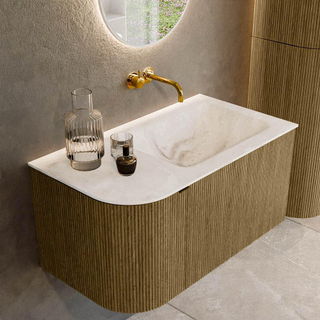 Mondiaz KURVE-DLUX Ensemble de meuble salle de bain - 85x46x40cm - 1 tiroir - 1 porte - lavabo en solid surface - droite - sans trou de robinet - Dusk