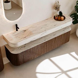 MONDIAZ THOR-DLUX Meuble de salle de bains - 190cm - arrondi gauche + droite - couleur Walnut - 2 tiroirs et 2 portes - Vasque suspendue CLOUD Gauche 1 trou de robinet - couleur Nata