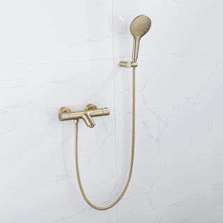 FugaFlow Eccelente Sobrado Robinet de baignoire thermostatique avec douchette ronde, support et flexible métal Laiton brossé PVD