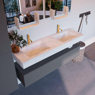 Mondiaz ALAN-DLUX Ensemble de meuble - 150cm - meuble Plata mat - 1 tiroir - Lavabo Cloud Opalo suspendu - vasque Gauche et droite - 2 trous de robinet