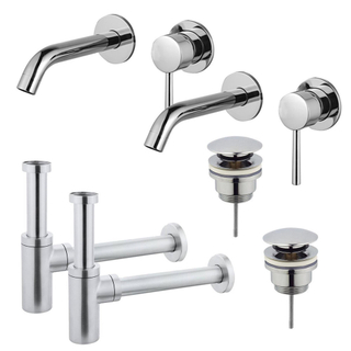 FugaFlow Eccelente Sobrado Kit robinet lavabo - pour double vasque - robinet rehaussé - bonde clic clac - siphon design - Chrome brillant