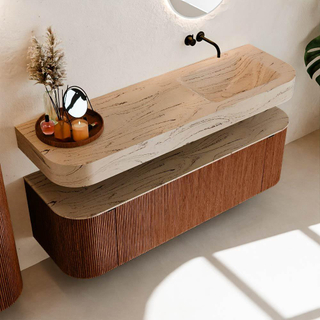 MONDIAZ THOR-DLUX 150cm meuble de salle de bains arrondi gauche + droite couleur Ruby avec 1 tiroir et 2 portes. Vasque suspendue CLOUD Droite sans trou de robinet couleur Arena.