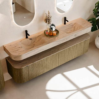 MONDIAZ THOR-DLUX 200cm meuble de salle de bains arrondi gauche + droite couleur Dusk avec 2 tiroirs et 2 portes. Vasque suspendue CLOUD Double 2 trous de robinet couleur Arena.