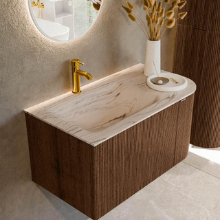 MONDIAZ KURVE-DLUX 85cm badmeubel ronding Rechts kleur Walnut met 1 lade en 1 deur. Wastafel CLOUD Links 1 kraangat Nata.