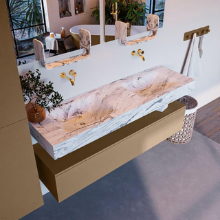 Mondiaz ALAN-DLUX Ensemble de meuble - 150cm - meuble Oro mat - 1 tiroir - Lavabo Cloud Glace suspendu - vasque Gauche et droite - 0 trous de robinet