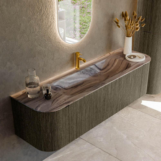 MONDIAZ KURVE-DLUX 160cm badmeubel ronding Links + Rechts kleur Shadow met 1 lade en 2 deuren. Wastafel BIG MEDIUM Midden 1 kraangat Sombra.