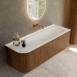 MONDIAZ KURVE-DLUX 135cm Meuble salle de bain avec module 25 G - couleur Walnut - 1 tiroir - 1 porte - vasque BIG MEDIUM droite - sans trou de robinet - couleur Opalo