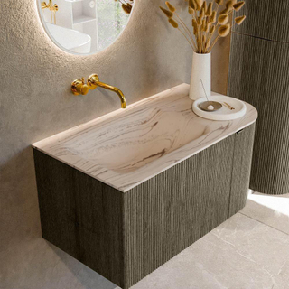 MONDIAZ KURVE-DLUX 85cm badmeubel ronding Rechts kleur Shadow met 1 lade en 1 deur. Wastafel CLOUD Links zonder kraangat Nata.