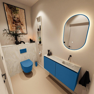 MONDIAZ TURE-DLUX Meuble toilette - 100cm - Jeans - EDEN - vasque Ostra - position droite - sans trou de robinet