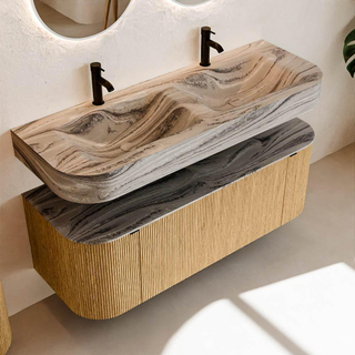 MONDIAZ THOR-DLUX 130cm meuble de salle de bains arrondi gauche + droite couleur Oak avec 1 tiroir et 2 portes. Vasque suspendue CLOUD Double 2 trous de robinet couleur Sombra.