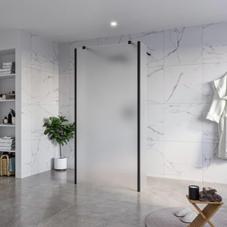 FugaFlow Eccelente Vetro Douche à l'italienne - 100x200cm - verre satiné - anticalcaire - verre de sécurité 8mm - 2 parois latérales 30cm - avec bras muraux et profilés d'angle - Noir mat