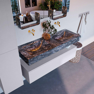 Mondiaz ALAN-DLUX Ensemble de meuble - 130cm - meuble Cale mat - 1 tiroir - Lavabo Cloud Lava suspendu - vasque gauche et droite - 0 trous de robinet