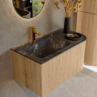 MONDIAZ KURVE-DLUX 85cm Meuble salle de bain avec module 25 D - couleur Oak - 1 tiroir - 1 porte - vasque CLOUD gauche - 1 trou de robinet - couleur Lava