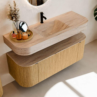 MONDIAZ THOR-DLUX Meuble de salle de bains 130cm arrondi gauche + droite couleur Oak avec 1 tiroir et 2 portes. Vasque suspendue CLOUD Milieu 1 trou de robinet couleur Saba.