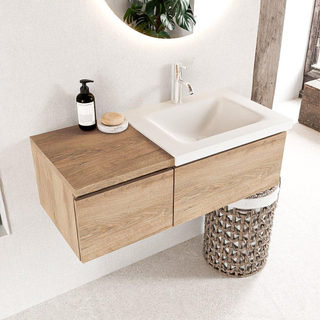 MONDIAZ BUKLA 100cm badmeubel met module 40 kleur Washed Oak met 2 lades. Wastafel CLOUD rechts 1 kraangat kleur Talc.