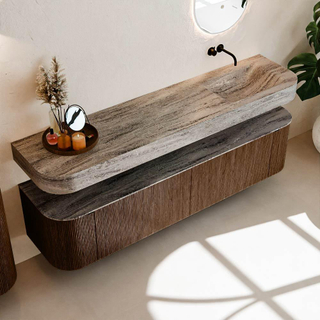 MONDIAZ THOR-DLUX Meuble de salle de bains 190cm arrondi gauche + droite couleur Walnut avec 2 tiroirs et 2 portes. Vasque suspendue CLOUD Droite sans trou de robinet couleur Oza.