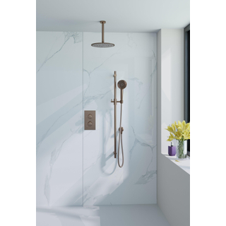 Fortifura Calvi Ensemble de douche à encastrer - thermostatique - bras plafond - glissière - douche principale de 30 cm - douchette ronde - flexible de douche en métal - cuivre brossé PVD (Cuivre)