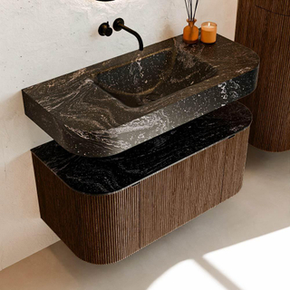 MONDIAZ THOR-DLUX Meuble de salle de bains - 100cm - arrondi gauche + droite - couleur Walnut - 1 tiroir et 2 portes - Vasque suspendue CLOUD Milieu sans trou de robinet - couleur Lava