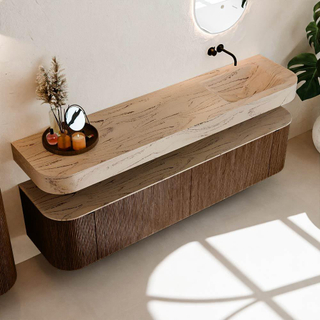 MONDIAZ THOR-DLUX 190cm badmeubel ronding links + rechts kleur Walnut met 2 lades en 2 deuren. Vrijhangende wastafel CLOUD Rechts zonder kraangat kleur Arena.