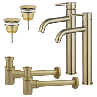 FugaFlow Eccelente Sobrado Kit robinet lavabo - pour double vasque - robinet rehaussé - bonde non-obturable - siphon design bas - Laiton brossé PVD