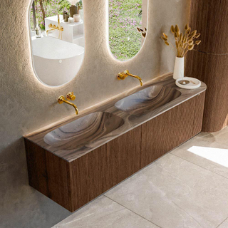 MONDIAZ KURVE-DLUX 165cm badmeubel ronding Rechts kleur Walnut met 2 lades en 1 deur. Wastafel STOR SMALL Dubbel / Links zonder kraangat Sombra.