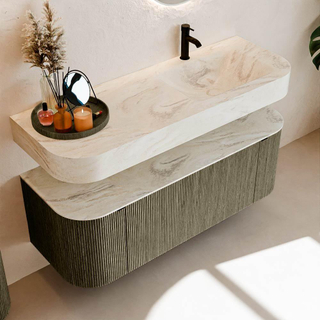 MONDIAZ THOR-DLUX 130cm meuble de salle de bains arrondi gauche + droite couleur Shadow avec 1 tiroir et 2 portes. Vasque suspendue CLOUD Droite 1 trou de robinet couleur Ostra.