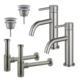 Fortifura Calvi Kit robinet lavabo - pour double vasque - robinet bas - bonde non-obturable - siphon design - Inox brossé PVD