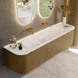Mondiaz KURVE-DLUX Ensemble de meuble salle de bain - 170x46x40cm - 1 tiroir - 2 portes - lavabo en solid surface - milieu - sans trou de robinet - Dusk