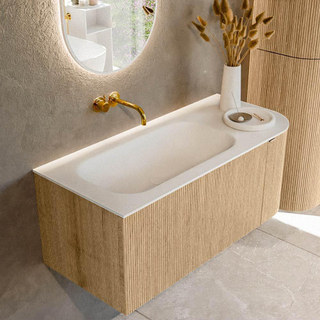 MONDIAZ KURVE 105cm Meuble salle de bain avec module 25 D - couleur Oak - 1 tiroir - 1 porte - vasque BIG SMALL gauche - sans trous de robinet - Talc