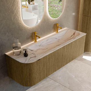 MONDIAZ KURVE-DLUX 145cm badmeubel ronding Links kleur Dusk met 1 lade en 1 deur. Wastafel BIG LARGE Rechts 2 kraangaten Nata.