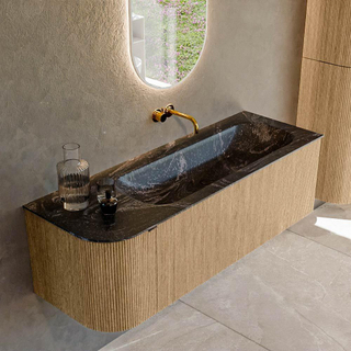 MONDIAZ KURVE-DLUX 135cm badmeubel met module 25 L kleur Oak met 1 lade en 1 deur. Wastafel BIG MEDIUM rechts zonder kraangat kleur Lava.