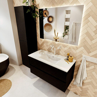 MONDIAZ VICA 100cm meuble sous lavabo Urban 2 tiroirs. Lavabo DENIA milieu 1 trou de robinet, couleur Blanc Brillant.