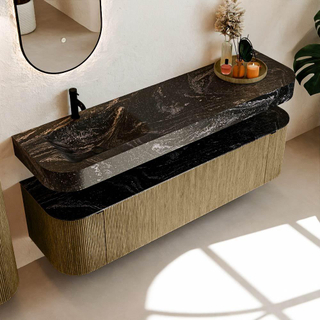 MONDIAZ THOR-DLUX 170cm meuble de salle de bains arrondi gauche + droite couleur Dusk avec 1 tiroir et 2 portes. Vasque suspendue CLOUD Gauche 1 trou de robinet couleur Lava.