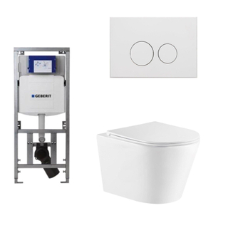 QeramiQ Dely Toiletset - 36.3x51.7cm - diepspoel - rimless - Geberit UP320 inbouwreservoir - softclose toiletzitting - mat witte bedieningsplaat - ronde knoppen - wit glans