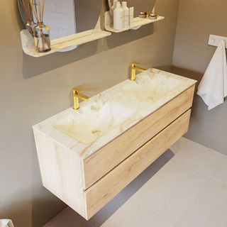 Mondiaz VICA-DLUX Ensemble de meuble de salle de bain - 130cm - meuble sous-vasque chêne blanchi - 2 tiroirs - lavabo encastré cloud double - 2 trous de robinet - version haute de 60cm - frape