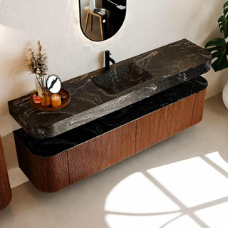 MONDIAZ THOR-DLUX 190cm meuble de salle de bains arrondi gauche + droite couleur Ruby avec 2 tiroirs et 2 portes. Vasque suspendue CLOUD Milieu 1 trou de robinet couleur Lava.