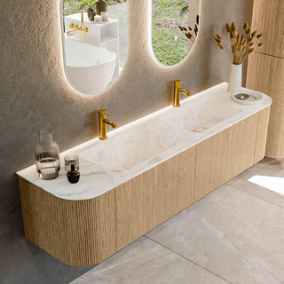 MONDIAZ KURVE-DLUX 180cm Meuble salle de bain avec module 25 G et D - couleur Oak - 2 tiroirs - 2 portes - vasque LEAF double - 2 trous de robinet - couleur Frappe