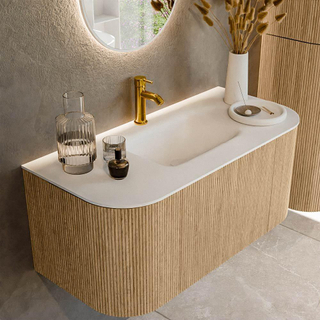 MONDIAZ KURVE 100cm Meuble salle de bain avec module 25 G et D - couleur Oak - 1 tiroir - 2 portes - vasque GRUNNE centre - 1 trou de robinet - Talc