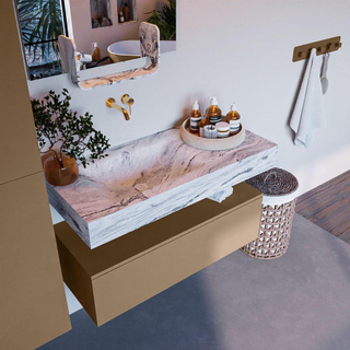 Mondiaz ALAN-DLUX Ensemble de meuble - 100cm - meuble Oro mat - 1 tiroir - Lavabo Cloud Glace suspendu - vasque Gauche - 0 trous de robinet