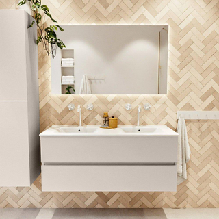 Mondiaz VICA ensemble de meuble de salle de bain - 120cm - meuble sous-vasque lin - 2 tiroirs - lavabo denia double - 2 trous de robinet - couleur Blanc Brillant - miroir LED - version XL 60cm de haut