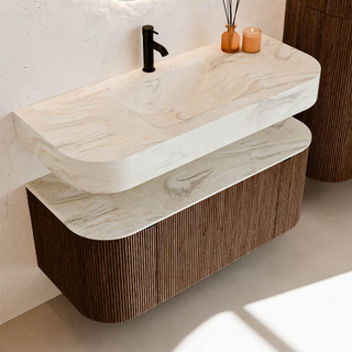 MONDIAZ THOR-DLUX Meuble de salle de bains 110cm arrondi gauche + droite couleur Walnut avec 1 tiroir et 2 portes. Vasque suspendue CLOUD Milieu 1 trou de robinet couleur Ostra.