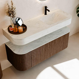 MONDIAZ THOR-DLUX 130cm meuble de salle de bains arrondi gauche + droite couleur Walnut avec 1 tiroir et 2 portes. Vasque suspendue CLOUD Droite 1 trou de robinet couleur Opalo.