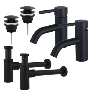 FortiFura Calvi Kit robinet lavabo - pour double vasque - robinet bas - bonde clic clac - siphon design - Noir mat